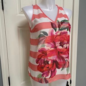 ELLE Coral White Sleeveless Striped Floral Sheer Boho blouse Tank Top Sz M